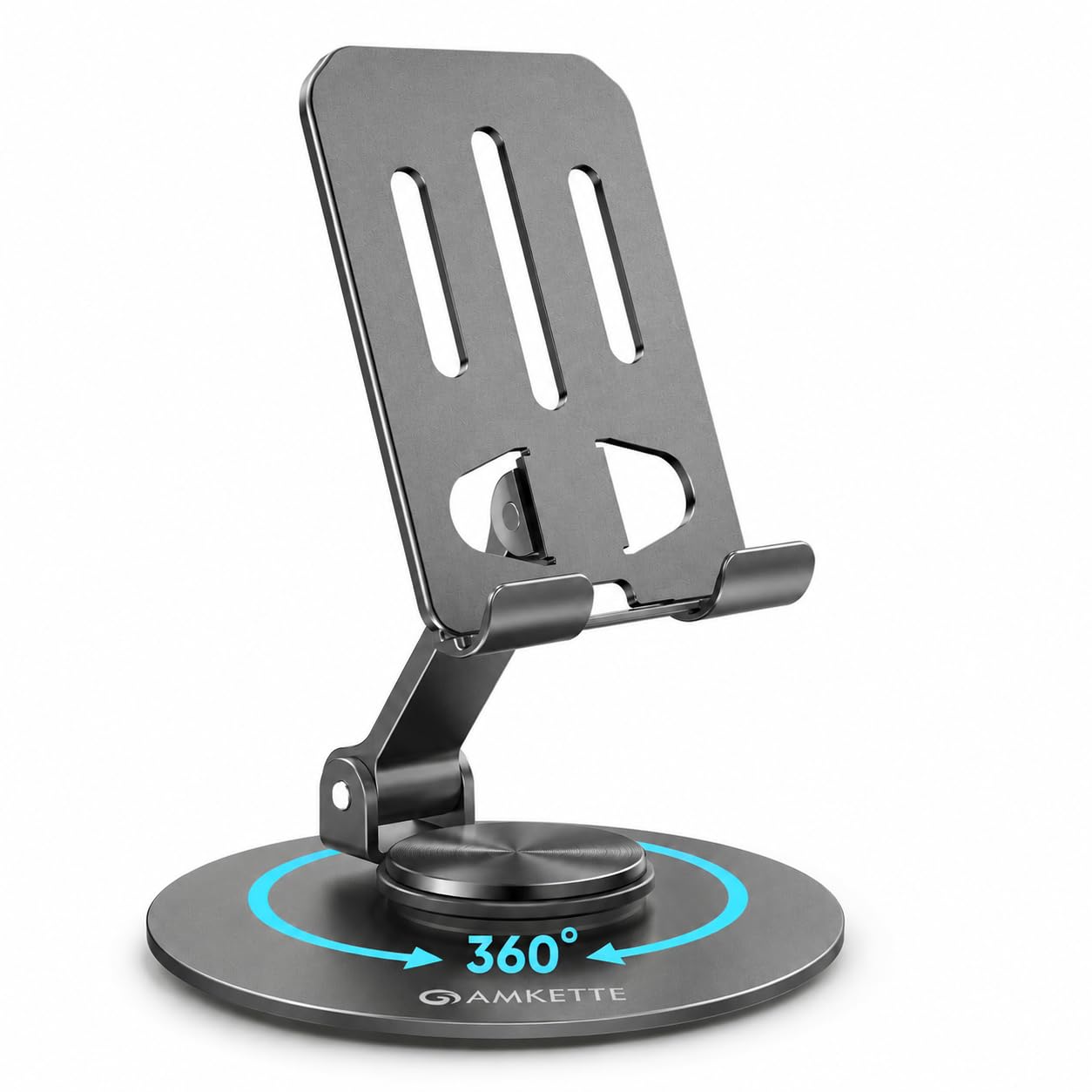 Amkette Ergo 360° Alloy Mobile Stand for Desk, Foldable Design with Stable Rotational Metallic Round Base, Multiple Height & Angle adjustments for Smartphones, Tablets & iPad (Grey)