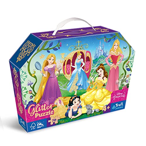 Trefl Junior - Gl&uuml;ckliche Prinzessinnen - Puzzle Glitter 70 Elemente, praktische Kiste mit Griff, Bunte Puzzles mit M&auml;rchenfiguren, Disney Prinzessinnen, Spa&szlig; f&uuml;r Kinder ab 4 Jahren