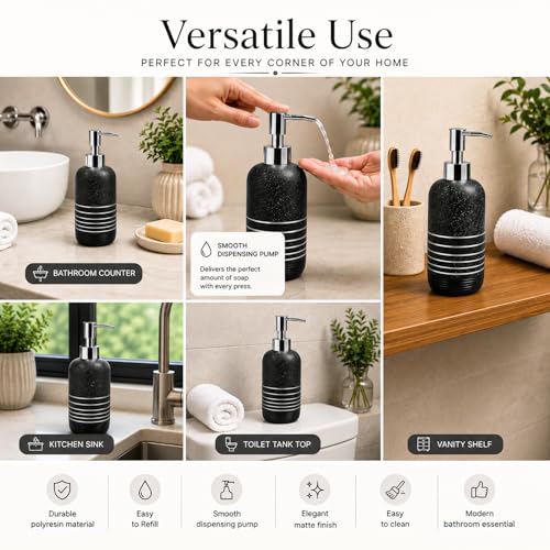 Image of MARKET 99 Grey Polyresin Soap Dispenser Pack of 2 (285 ml Each) | Matte Liquid Soap & Lotion Holder | Round Ribbed Bathroom Countertop Accessory for Vanity, Wash Basin & Hand Wash