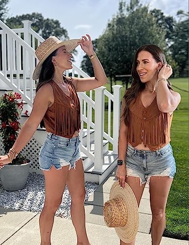 Hotouch Women's Short Tassel Vest Open-Front Sleeveless Jacket Soft Fringe Faux Suede Boho Vest Dark Khaki X-Large #TOP2