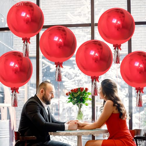 Image of Giant Red Chrome Balloons Set - Pack of 6 | Large 22 Inch 360 Degree 4D Round Sphere Balloons | Red Metallic Balloons | Mylar Foil Mirror Finish | Big Red Balloons for Wedding, Birthday, Baby Shower