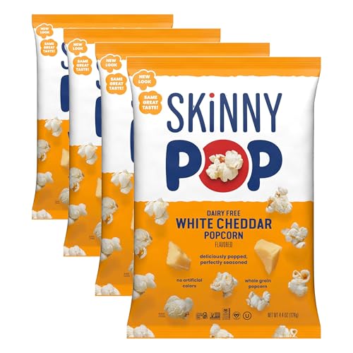 Image of SkinnyPop White Cheddar Popcorn, 4.4oz Grocery Sized Bag, Skinny Pop, Healthy Popcorn Snacks, Gluten Free (Pack of 4)