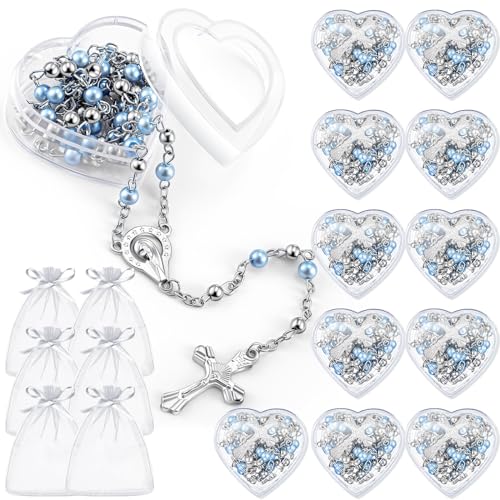 ROCEEI Catholic Rosary Necklace 4 mm Glass Beads Rosary Favors Crucifix Prayer with Faux Pearl with Heart Shaped Box and Organza Bag for First Communion Baptism