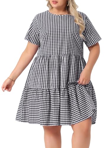 Image of Agnes Orinda Plus Size Gingham Dresses 1950s Vintage Plaid Round Neck Short Sleeve Tiered Midi Summer Dress