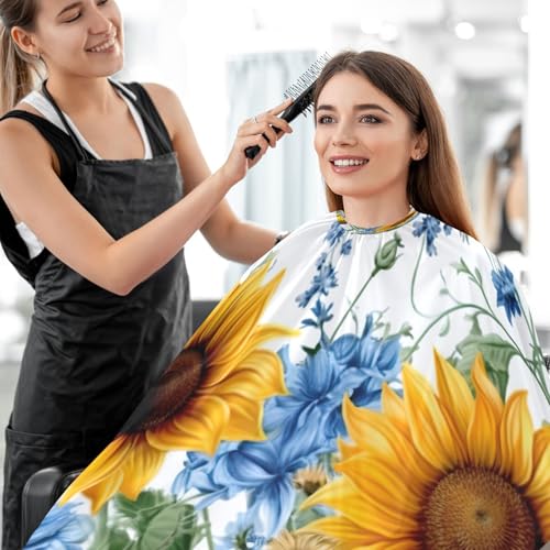 Capa de corte de cabello impermeable profesional MAOBLYR de girasoles y campanillas azules (3) con cierre ajustable de broche para peinados en barbería miniatura 7