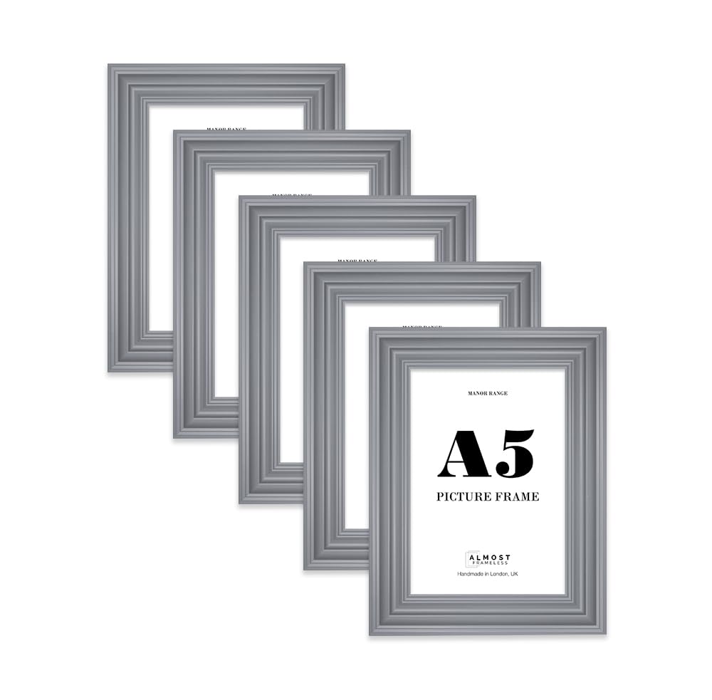 A5 Picture Frame, Display A5 Pictures (14.7 x 21.1cm) - Scandi Grey Sophisticated 42mm Edge Wall Art - 5 Pack
