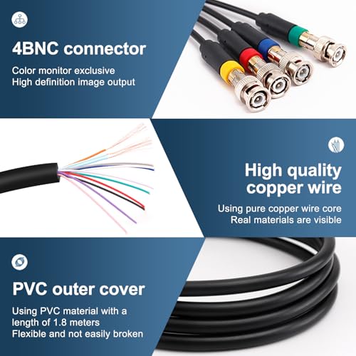 Image of Y.D.F N64 RGB /RGBS Composite Cable, High Flexibility Multifunctional Composite Cable Cord with 4 BNC Heads for N64 / NGC /SFC /SNES 6 Feet (Plug and Play)