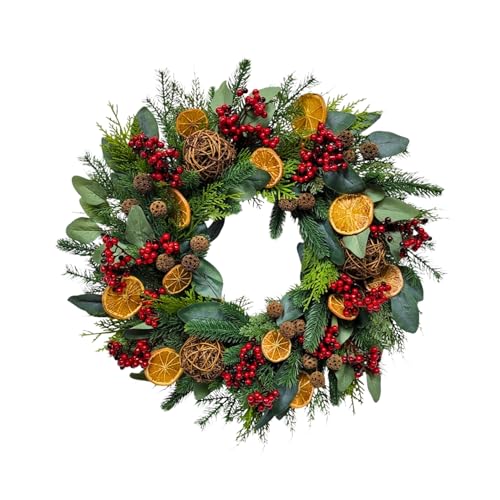 60cm Christmas Wreath for Front Door with Artificial Foliage Orange Slices, Berries, Eucalyptus Rattan Balls Ornaments, Wall Fireplace Indoor Outdoor Xmas Holiday Decorations