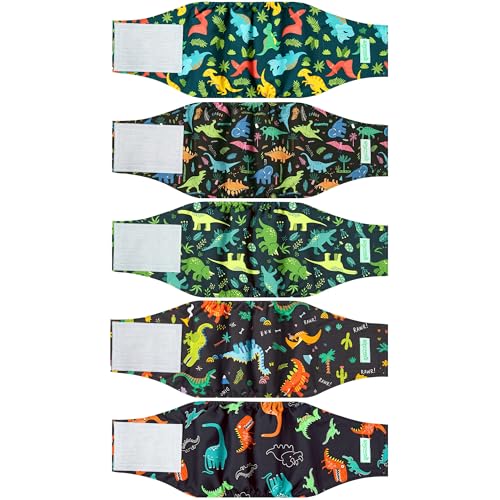 Image of wegreeco Small Dog Diapers Male,Reusable Belly Bands for Male Dogs,Washable Doggie Puppy Diapers Wraps,Medium Large Size(5 Pack, Dinosaurs Park, Small)