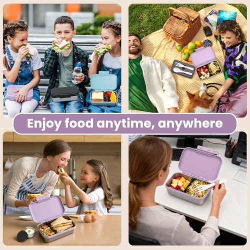 Image of JSLOVE Stainless Steel Lunch Bento Box for Adult, 30oz Leak-Proof Lunch Container, Stainless Metal Kid Bento Box with Adjustable Divider, Sauce Container, Microwave, Dishwasher & Freezer Safe(Purple)