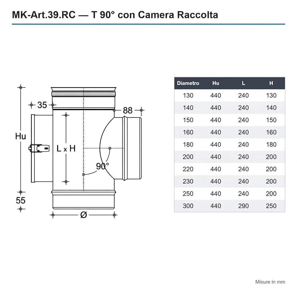 MAKA Raccordo a T 90° con Camera Raccolta Incombusti per Canna Fumaria in Acciaio Inox (Ø 230 mm, AISI 316)