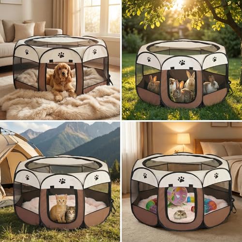 Welpenauslauf 74x74x43cm, BRIMOREA Katzenkäfig Hundekäfig für zuhause, Gitterbox Hund Wurfbox für Katzen Kaninchenstall innen Katzengehege Balkon Katzenkäfig für Draußen Hasen Auslauf(Braun)