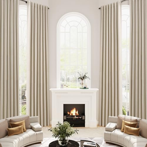 Joywell Extra Long 100% Blackout Linen Curtains Beige 144 Inches