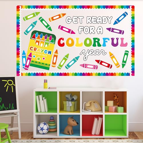 Image of Crayon Bulletin Board Set Back to School Classroom Decorations Colorful Crayon Paper Cutout DIY Name Tag Get Ready for A Colorful Year Bulletin Board for School Nursery Classroom Chalkboard Wall Decor