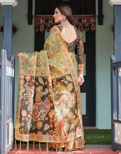 Image of SIRIL Women's Cotton Linen Printed Handloom Saree with Unstitched Blouse Piece