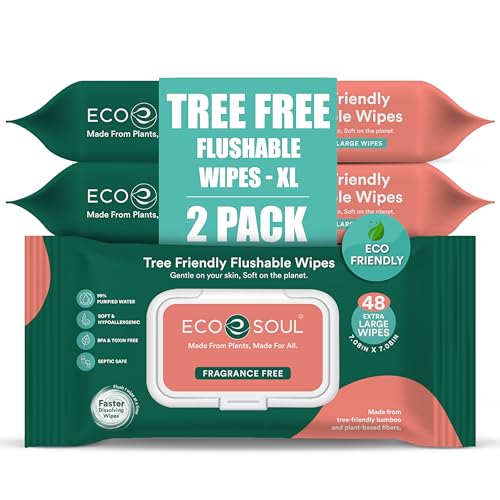 Image of ECO SOUL [Pack of 2, 96 Count] Flushable Extra-Large, toilet wipes, Adult Wet Wipes,-Unscented | Eco-Friendly Compostable, Bath, Intimate | 99% Purified Water Wipes, Hypoallergenic, BPA