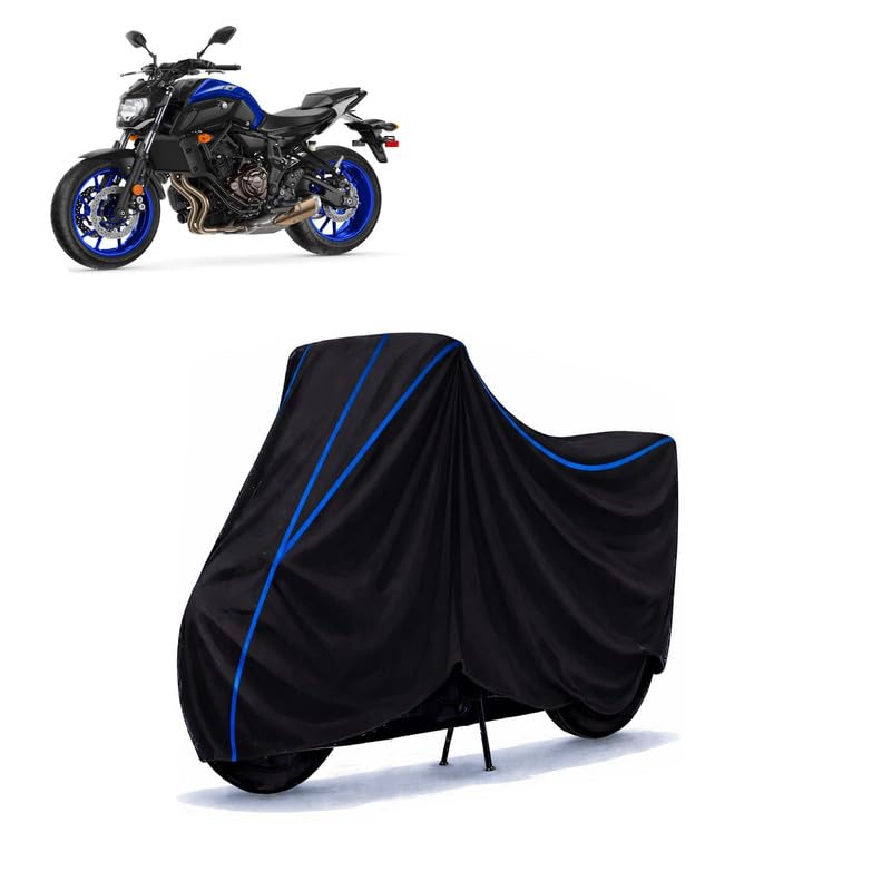 Image of MT-03 Bike Cover Water Resistant Universal Motorcycle Rain | Heavy Duty UV Protection, Dust, Scratch Indoor Outdoor All Weather with Black Blue Piping Elastic