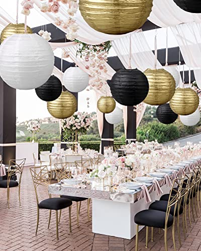 Image of VIJIV 15pcs /Lot Paper Lanterns for Wedding Party, 6 inch 8 inch 10 inch Mixed Size Decorative Round Chinese Lanterns Engagement Anniversary 21st Birthday Baby Shower Hanging Sky Decorations (Black,Gold,White)