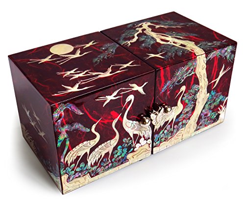 Maddesign Mother Of Pearl Twin Cubes Lacquered Jewelry Box Crane Pine Tree Red #TOP1