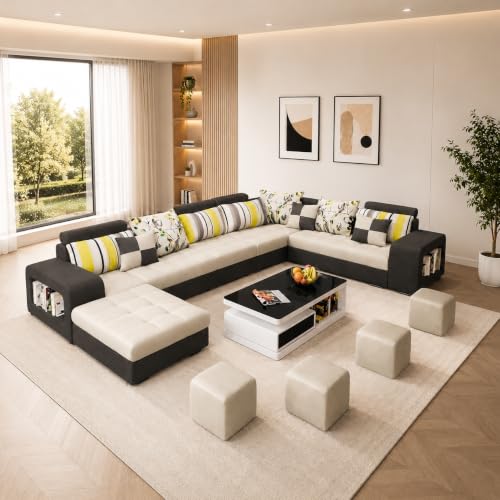 Image of Torque - Allister U Shape 12 Seater Sofa Set for Living Room (Left Side, Beige & Brown) | U Shaped Sofa Couch with 4 Puffy for Hall Guest Room | 1 Years Warranty