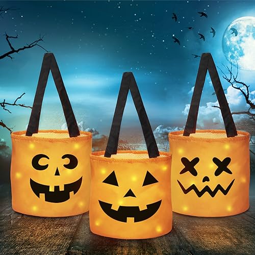Halloween LED Light Up Trick or Treat Bags, 3 Pcs Halloween Pumpkin Bucket, Multipurpose Portable Collapsible Reusable Candy Bags, Best Halloween Party Favors for Kids.