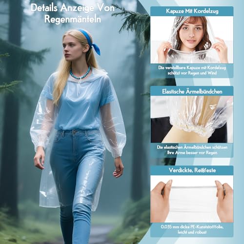 lohey 3 Stück Regenponcho Einweg, Wasserdicht Regenmantel für Damen und Herren und Kinder, Durchsichtige Regencape mit Kapuze und Ärmeln für Camping, Angeln, Freizeitparks, Festivals