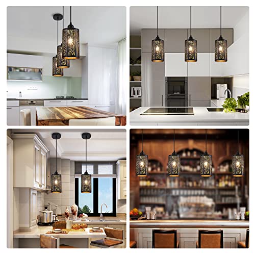 Shining Gold Industrial Black Pendant Light Fixture Vintage Mini Black Pendant Lighting With Gold Finish Farmhouse Rustic Hollow-Carved Cylinder Pendant Light For Kitchen Island thumb #4
