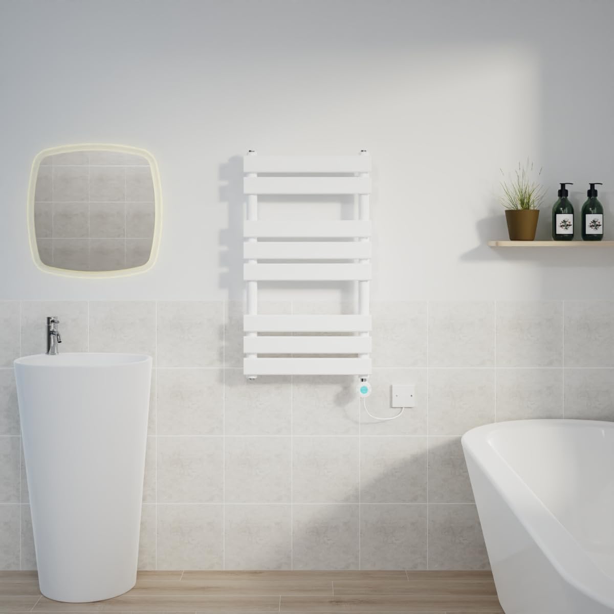 Warmehaus White 800X450mm Designer Flat Panel Electric Heated Towel Rail Thermostatic Timer Bathroom Towel Radiator 400W