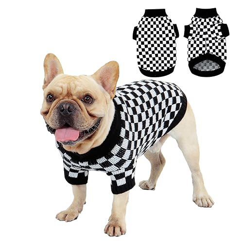 Plaid Dog Sweater for Small Dogs Pullover Turtleneck Knitted Cat Sweater Thick Warm Pet Clothes Outfits for Chihuahua, Bulldog, Dachshund, Pug, Yorkie (X-Large, Black)