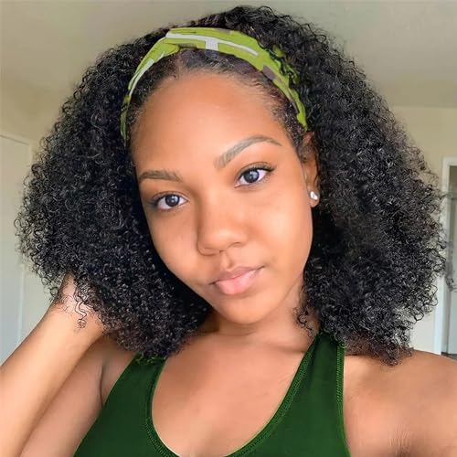 Image of Headband Wig Human Hair Kinky Curly for Black Women Curly Headband Wig Human Hair 150% Density Machine Made Glueless None Lace Front Wigs Brazilian Virgin Wig KC Natural Color 12 Inch