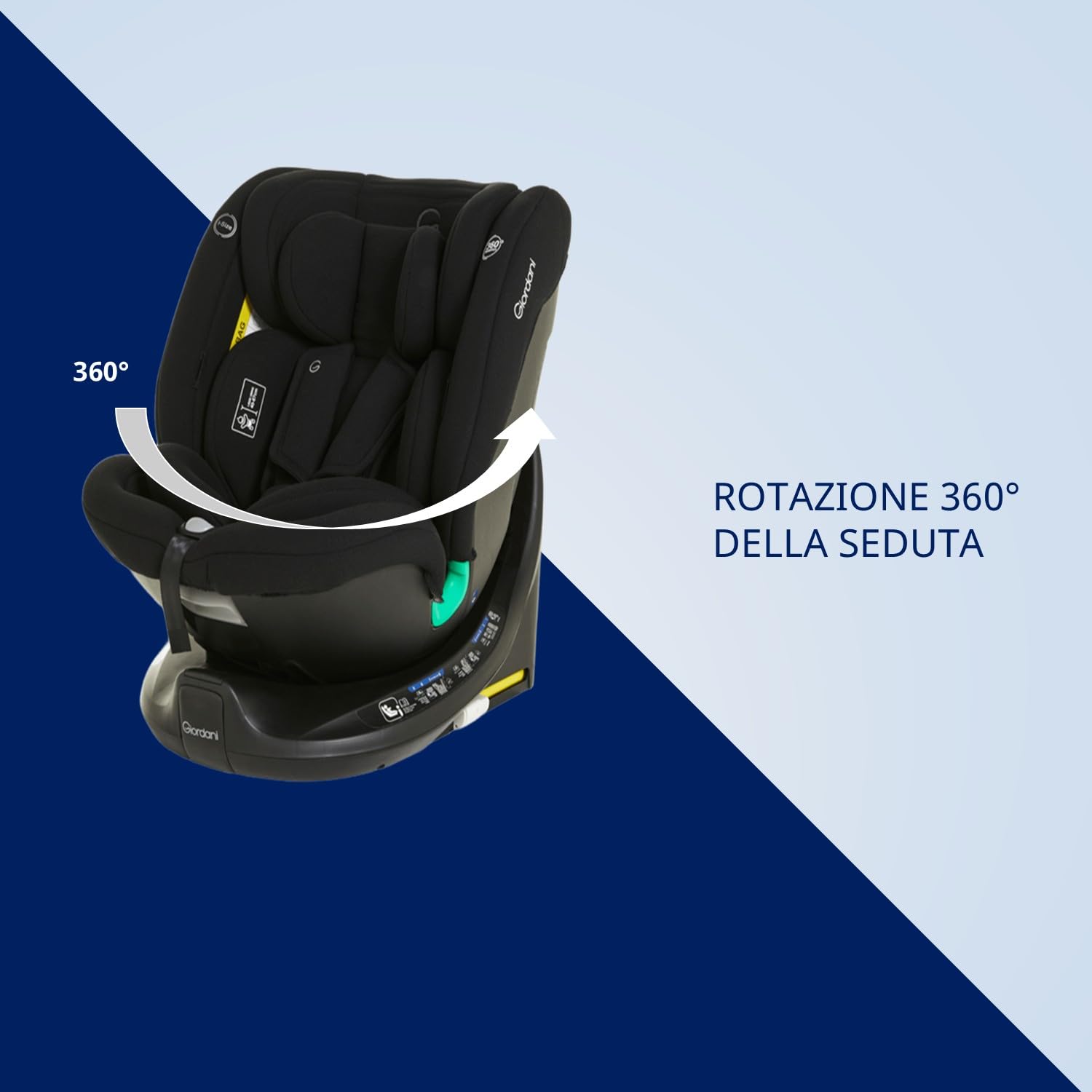 Giordani Polaris Seggiolino Auto 40-150 cm i-Size, Base Girevole 360° con Rotazione a una Mano, Isofix e Top Tether sulla Base, Evolutivo 0-12 Anni, Protezione R129/03