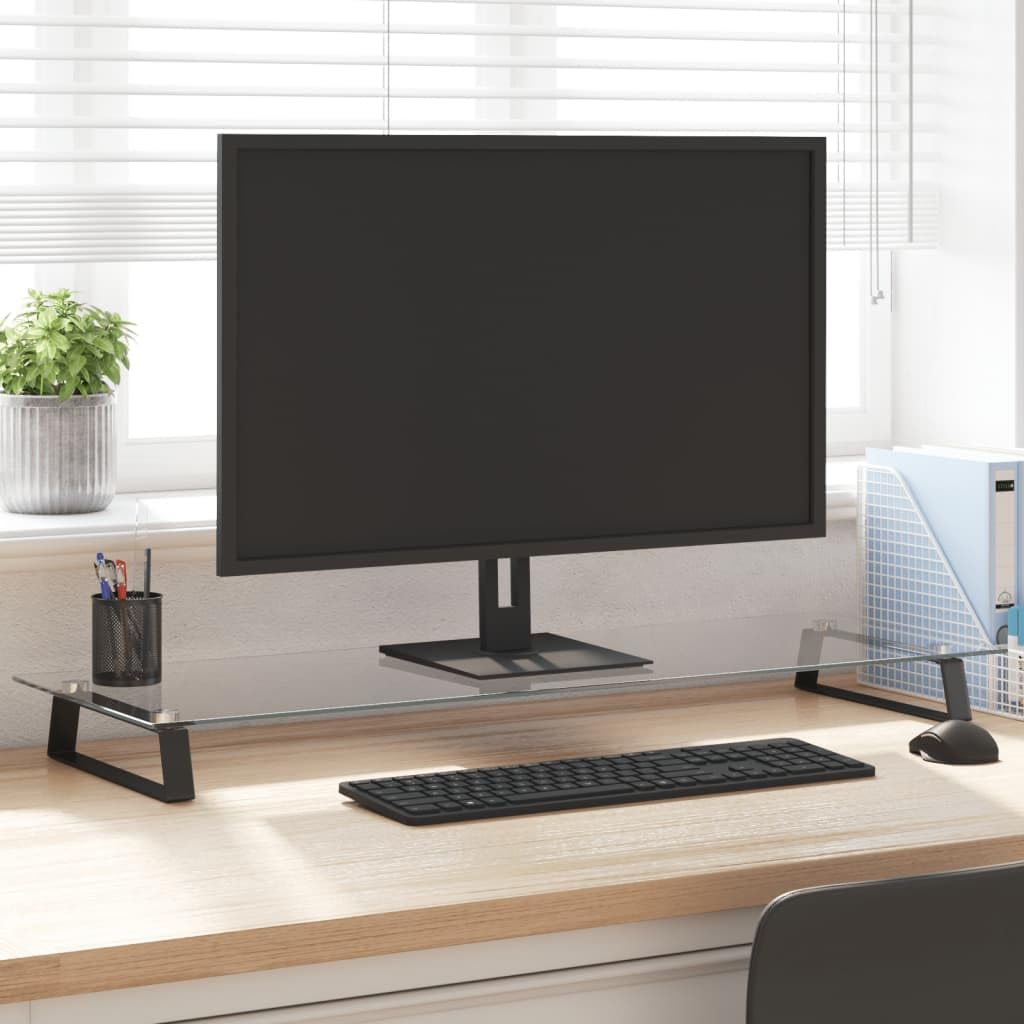 Supporto per monitor nero in vetro temperato e metallo, 100 x 35 x 8 cm, portata 10 kg, rialzo per monitor, mensola da scrivania per ufficio, home office, supporto per monitor con spazio