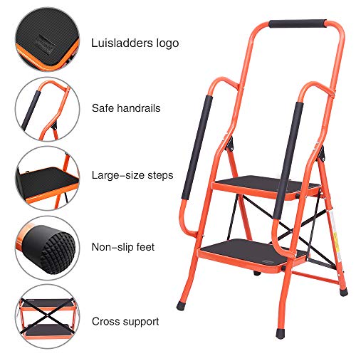 LUISLADDERS Folding 2-Step Safety Step Ladder Padded Side Handrails Portable Heavy Duty Ladders for Kitchen, Home and Office 330lbs