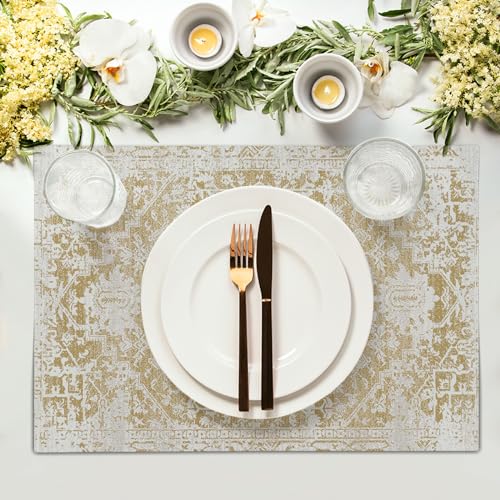 Image of Gray Tan Boho Placemats Set of 6 Ethnic Bohemian Carpet Place Mats Washable Kitchen Dining Vintage Grey Geography Floral Linen Table Mats Stain Heat-Resistant for Home Party Indoor 12x18 in