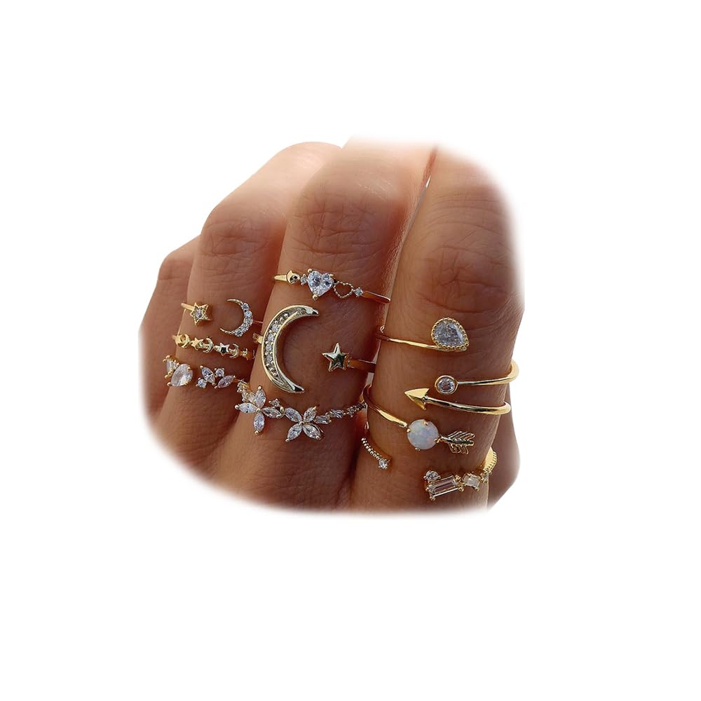 Gold Stackable Moon Star Knuckle Rings Set for Women, Boho Dainty Lightweight Stacking Rings, Vintage Midi Rings Pack, Trendy Jewelry