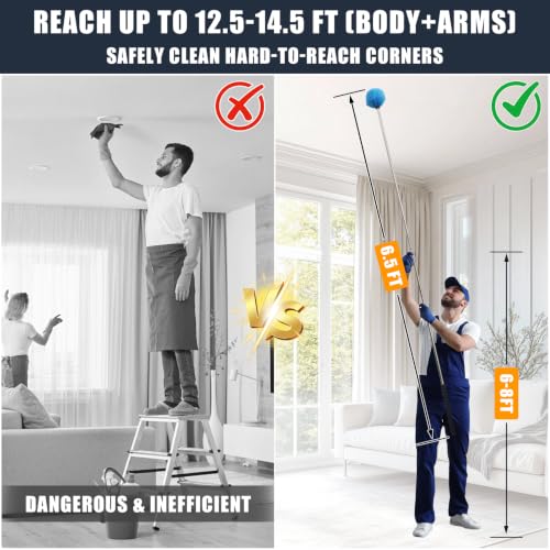 Image of Spider Web Duster Brush Kit - Lightweight 6.5FT Pole with Washable Microfiber Head - Extends to 13.5FT for High Ceilings, Ceiling Fans, Cobwebs - Also for Furniture, Eaves, Garage, Patio