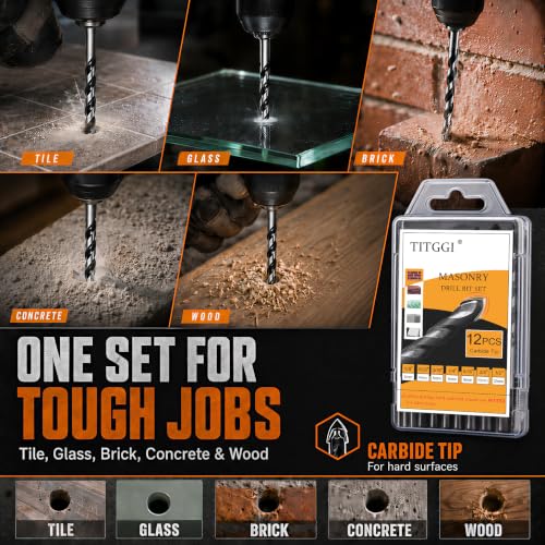 Image of 12-Piece Masonry Drill Bit Set & Concrete Drill Bit Set, 7 Sizes, 1 /8 inch-1 /2 inch | Carbide Drill Bits for Tile, Ceramic, Glass, Cement & Brick, Bath & Kitchen, Dual U-Groove, 3-Flat Shank, Standard Drill Fit