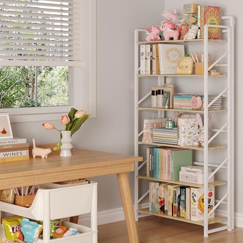 Image of JSB No Assembly Folding Bookshelf, 6 Tier Industrial Metal Book Shelf for Storage, Vintage Wood Foldable Bookcase for Living Room, Bedroom, Office Organization Shelves