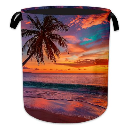 Image of Laundry Hamper, Tropical Beach Collapsible Sunset Palm Laundry Baskets Waterproof Oxford Cloth With Handles, Clothes Storage Bucket For Bathroom /Bedroom 16 inch x 20.8 inch