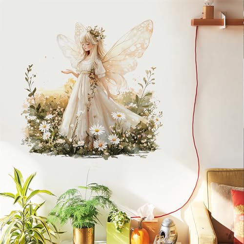 sacinora Angel Girl Butterfly Fairy Wall Stickers, Daisy Flower Girl Wall Decals Removable Vinyl Peel and Stick Kids Baby Children Nursery Bedroom...