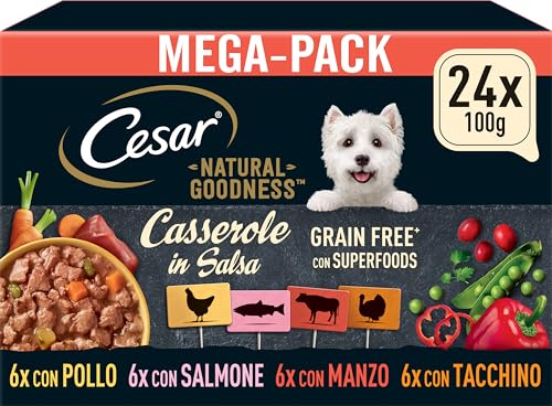 Cesar Natural Goodness Casserole Cibo Umido per Cani al gusto di Pollo, Tacchino, Manzo e Salmone in Salsa, 24 Vaschette da 100g
