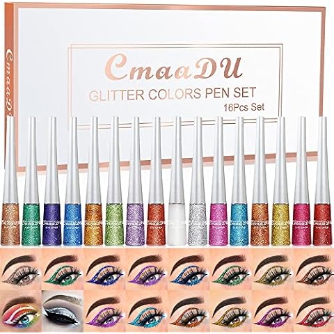 Aseawave 16 Colors Liquid Glitter Eyeliner Set, Metallic Shimmer Glitter Eyeshadow, Colorful Rainbow Eyeliner Long Lasting Waterproof Face Lips Art for Party Festival Makeup Cover
