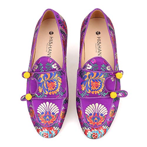 HI&HANN Men Silk Shoes Chinese Style Flower Men's Loafers Wedding and Party Smoking Slippers