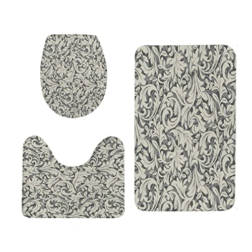 Badezimmermatten-Sets 3-teilige rutschfeste Badematten,Blätter Silber Viktorianisches Blumenmuster Barock Damast… – Bild 6