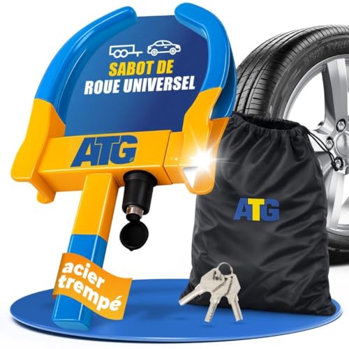 ATG Sabot de Roue Voiture & Remorque – Antivol Roue Universel pour Auto, Caravane, Camping-car, Moto – Bloque Roue Sécurité Pneus 18–28 cm