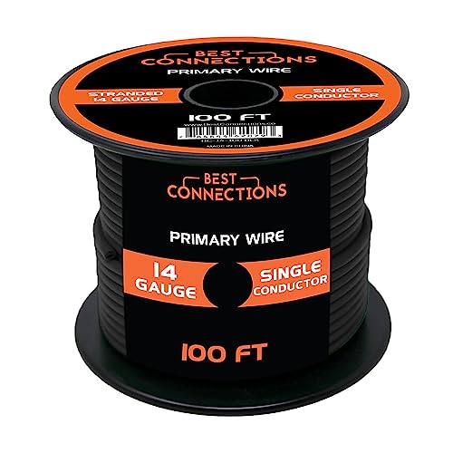 BEST CONNECTIONS Automotive Primary Wire - 100ft (Various Color Options) | Ideal for Trailer Speaker and Lighting Circuits | Durable Primary/Remote Power/Ground Electrical Wiring (14 Gauge Black)