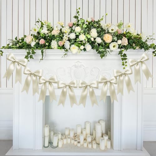 Image of 1 String of 8PCS Ivory White Bow Garland Banner Decoration,Pre-Strung Satin Ribbon Ornaments for Birthday,Bachelorette Party,Bridal Shower,Wedding,Engagement,Baby Shower,Graduation Decor,Anniversary