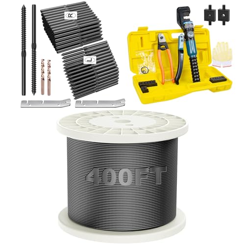 BLIKA 400FT 1/8" Black Deck Railing Cable, 100 Pack T316 Stainless Steel Black Right&Left Handed Thread Swage Lag Screws and 10 Ton Hydraulic Crimping Tool with Cable Cutter