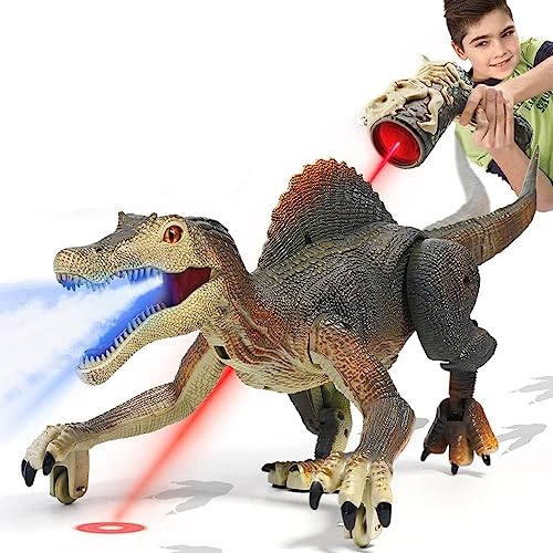 DMG RC Spinosaurus Dinosaur Toy Light Tracking Auto Spray Mist Rechargeable Electric Dinosaur Robot with Roaring Sound & LED Eyes Educational Gift for Kids Boys Girls Age 3+ (Brown)