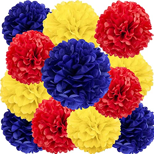 Image of We Moment Red, Blue and Yellow for Theme Paper Pom Poms Decorations for Birthday Party Ceiling Wall Hanging Tissue Flowers Decorations 12pcs 3 Colors of 12 Inch 10 Inch